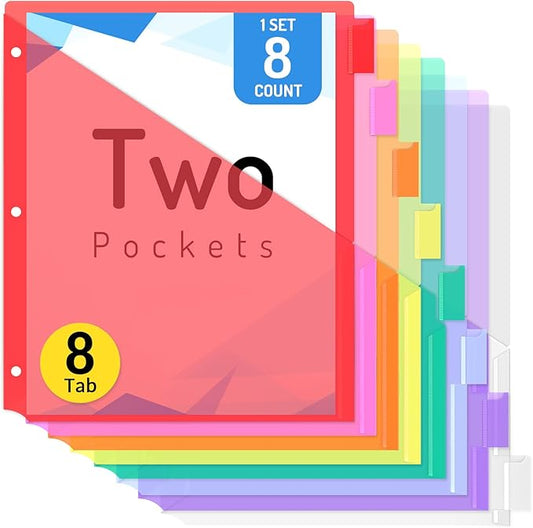 Forvencer 8 Count Dividers with Two Pockets, 8 tabs Binder Dividers for 3 Ring Binder Organizer, Multicolor, 1 Set