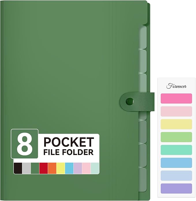 Forvencer Expanding File Folder with 8 Pocket, Letter Size Accordion File Organizer, Portable Folders for Documents, Cute Paper Organizer, Filling Products for School Office Supplies, Dark Green