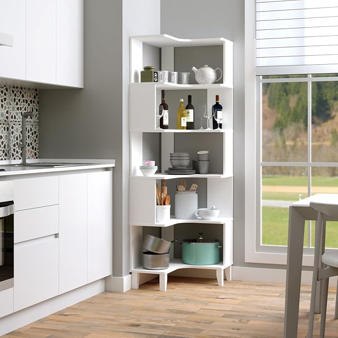 Prepac Nordik 6-Tier White Modern Mid Century Corner Bookcase, 71.5" Extra Tall White Corner Shelf with Storage, Multifunctional Freestanding Bookshelf for Home Office, Living Room, Bedroom