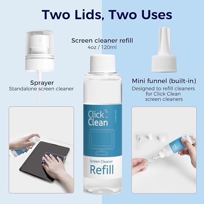Click Clean Screen Cleaner Kits - 2 All-in-One Mist Cleaner with 4 oz Refill, 1 Microfiber Cloth(7.8 x 7.8in), 1 Mini Funnel, and 1 Sprayer - for All Phones, Laptop and Tablet Screens