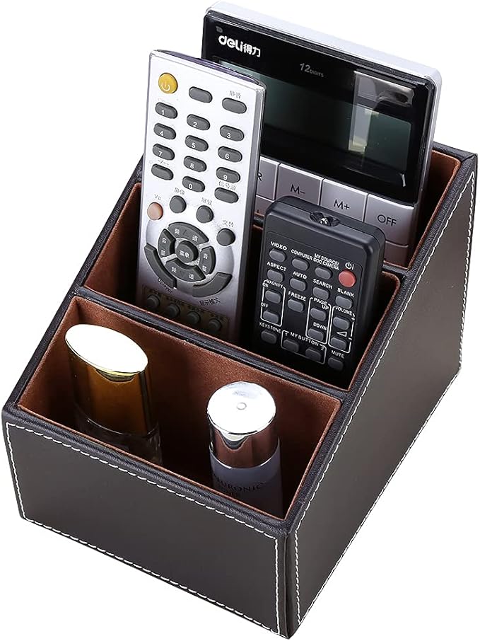 KINGFOM Remote Control Holder with 3 Compartments, Pu Leather Remote Caddy Desktop Organizer for TV, CD, Blu-Ray, Media Player, Heater Controllers and Cosmetics Office Supplies(Brown)