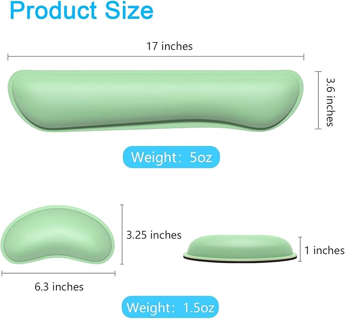 Dapesuom Keyboard Wrist Rest Set, Cute PU Leather Wrist Cushion for Computer Keyboard and Mousepad, Memory Foam Mouse Pad Rests Support with Non-Slip Base for Typing Pain Relief, Laptop, Mint Green