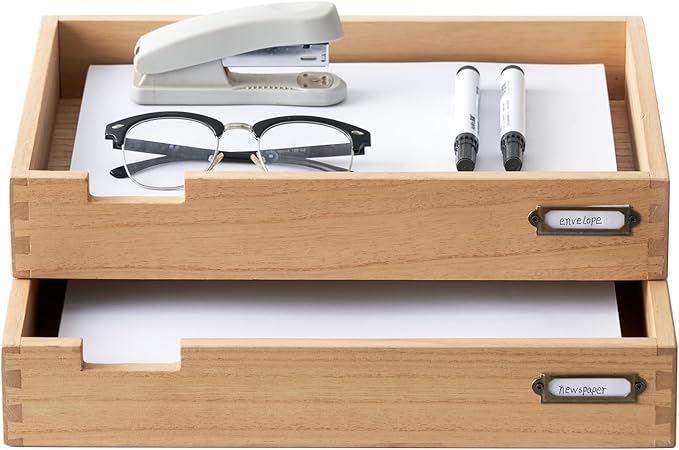 KIRIGEN Wood Desk Organizer Set of 2 Stackable Paper Tray Desktop Document Storage Wooden Letter Trays 2TTP-NA