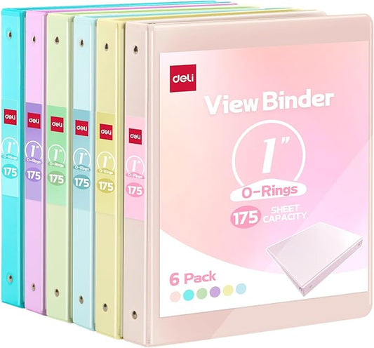 Deli 1-inch 3 Ring Binder with 2 Interior Pockets, 175 Sheets Capacity, 1 inch Binders fits 11" x 8.5" US Letter Size, Assorted 6 Pastel Colors, 6 Pack