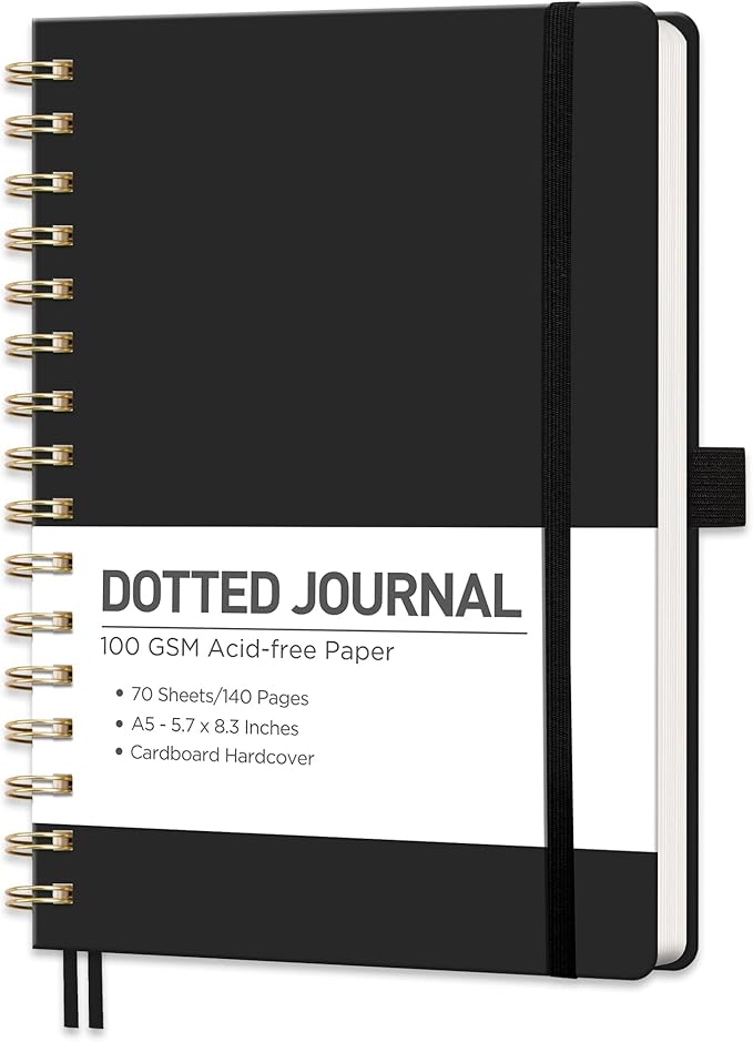 RETTACY Bullet Dotted Journal Notebook, 140 Pages, A5 Medium Size (5.7'' x 8.3''), Hardcover, 100 GSM Thick Paper, for Bullet Journaling, Planning, Tracking (Black)