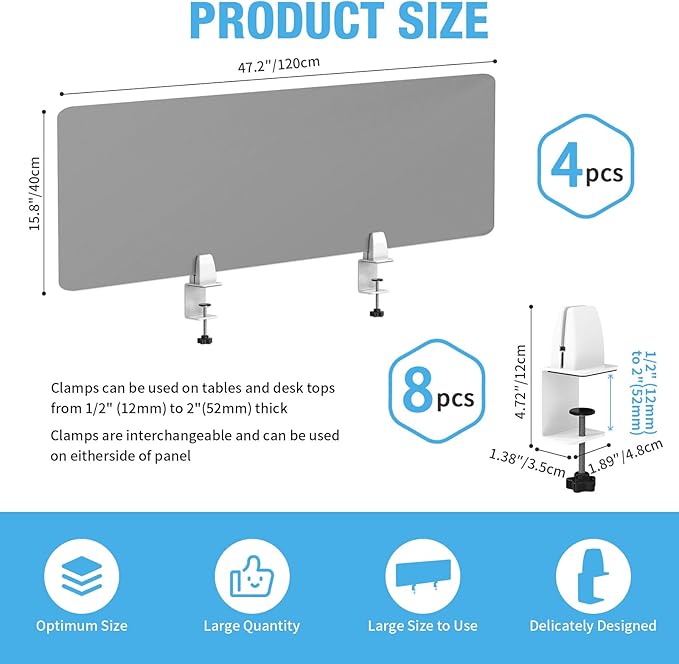 Desk Divider 4 Pcs Desk Privacy Panel 47.2''L x 15.8W'' Office Partitions Grey Acrylic Panel Pack of 4 Desk Divider Partition with Adjustable Universal Base Brand: Yeaborn