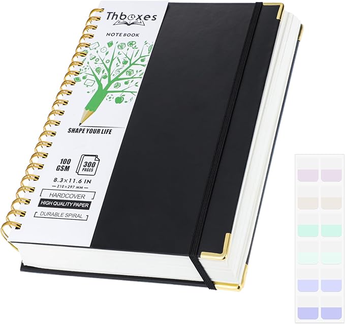Spiral Notebook 8.3” x 11.6”, 300 Pages/150 Sheets College Ruled Notebook A4 Journaling Notebook with Index Sticker, Back Pocket, Elastic Band for Work Business School Note Taking, Black