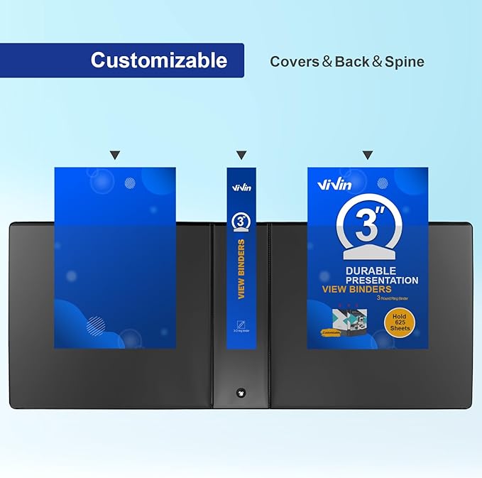 ViVin 3 Ring Binder 3 inch with Clear View Cover, Large 3" Round Ring for Strength, Holds 600 Sheets of US Letter Size Paper, Office Home School, 2 Pack (Black)