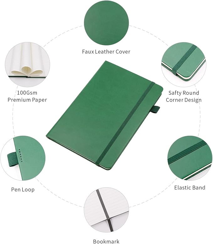 Deziliao Lined Journal Notebooks with Pen Loop, Hardcover Notebook Journal for Work, 100Gsm Premium Thick Paper with Inner Pocket, Medium 5.7"x8.4", （Dark-Green, Ruled）