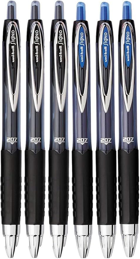 Signo 207 Roller Ball Retractable Gel Pens, Medium Point (0.7mm), Black And Blue Ink, 6 Count, Bundle with Plastic Reusable Pouch