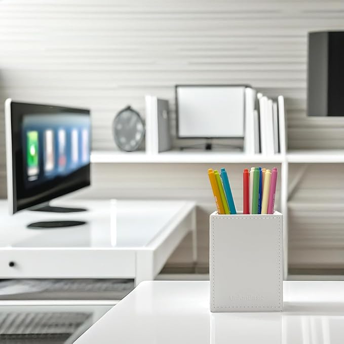 UnionBasic Square Pen Holder, Leather Pencil Cup, Desktop Caddy Stationery Organizer, White