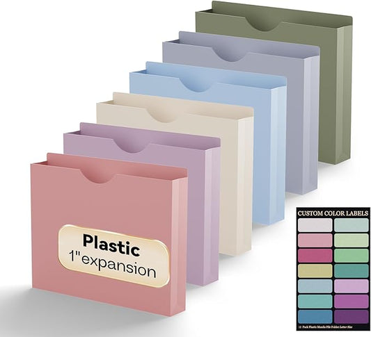 Plastic 1 Inch File Jackets Letter Size, Expanding File Folde for Documents,Upgrade Color,12 Pack Manilla Pocket Folders,Heavy Duty Expansion Pocket Files with Straight Cut Tabs,Morandi Color