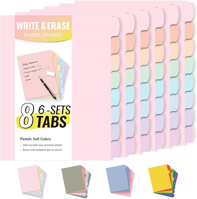 Sooez 8 Tabs Long-Lasting Plastic Write & Erase Large Tabs Dividers for 3 Ring Binder, Aesthetic Cute Pastels Binder Dividers for Student, Teacher, Office, Home Organizers, 6 Sets, Pastels Color