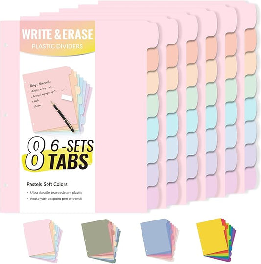 Sooez 8 Tabs Long-Lasting Plastic Write & Erase Large Tabs Dividers for 3 Ring Binder, Aesthetic Cute Pastels Binder Dividers for Student, Teacher, Office, Home Organizers, 6 Sets, Pastels Color