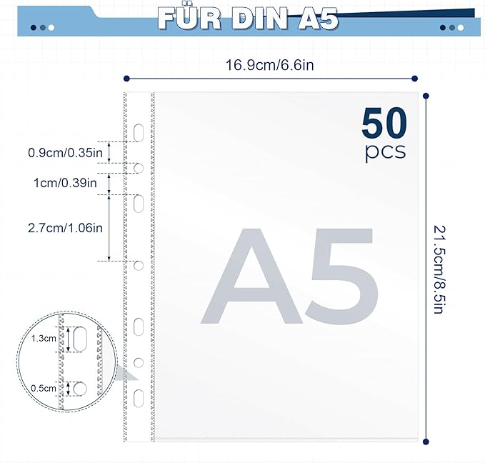 A5 Punched Pocket,100 Sheet Protector Binder Sleeves,160 Micron Plastic Folder Protectors,Strong Binder Pocket Paper File Letter 7 Hole Clear Page Protectors Plastic Cover for Paper,Documents,Photos