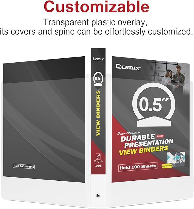 COMIX Sturdy 3 Ring Binder 0.5 inch with Clear View Cover, 1/2" Round Ring View Binder, PVC-Free, 100 Sheets Capacity of US Letter Size Paper, Office ＆ School Supplies, Pack of 12 (White)