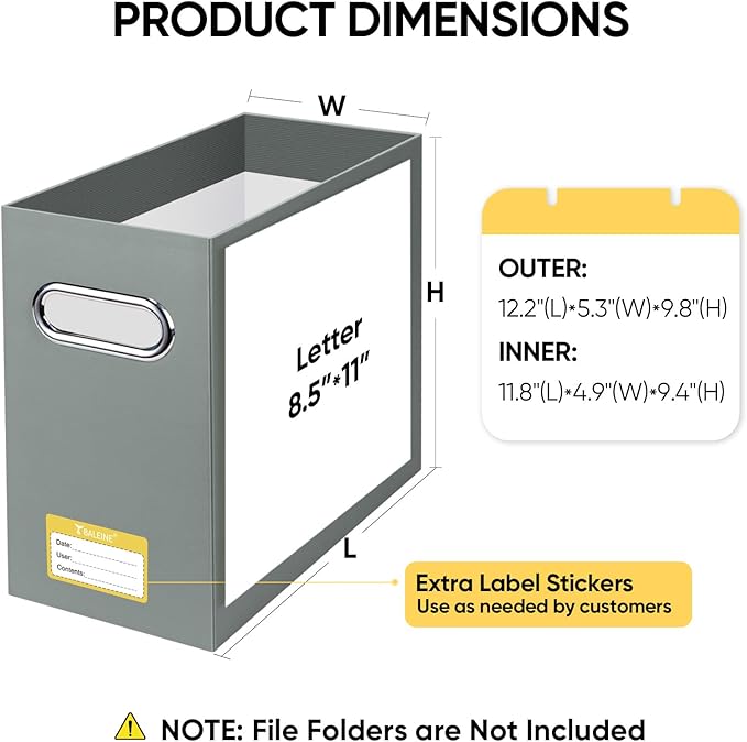 BALEINE File Organizer Box, Cardboard File Folder Organizer with Handle for Letter Size, Portable Collapsible Hanging Filing Box for Home Office Document Storage (4 Pack, Grey)