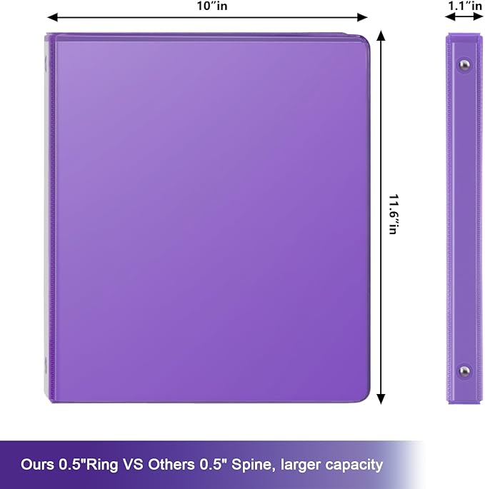 COMIX 3 Ring Binder 1/2 inch with Clear View Cover, 0.5" View Binder Holds 100 Sheets of US Letter Size Paper, 6 Pack (Purple)