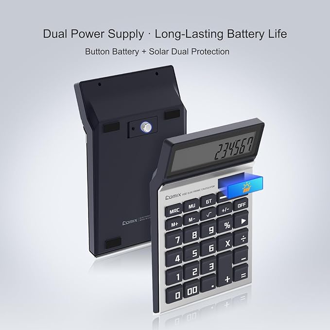 Comix Desk Calculator with 12 Digits Large LCD Display, Solar Battery Dual Power, Big Button Basic Calculator for Home Office School