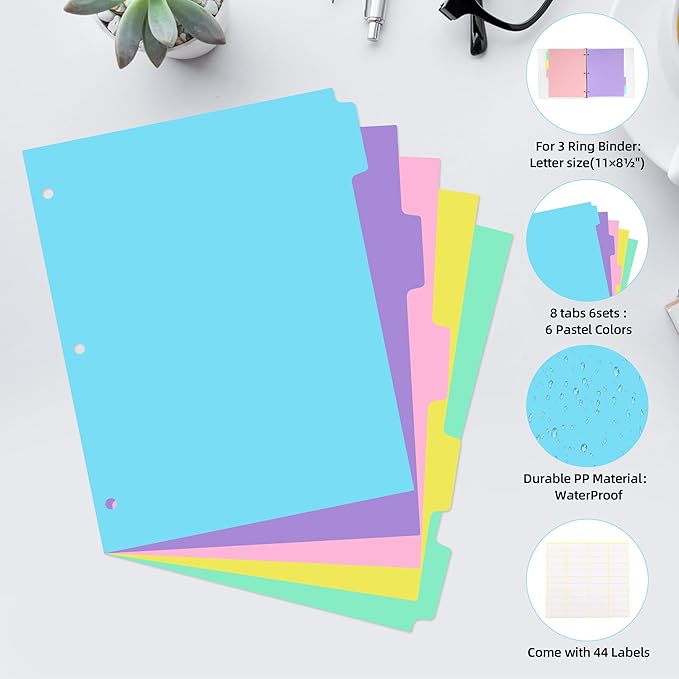 5 Tab Binder Dividers with Tabs,for 3 Ring Binder,Plastic File Dividers, Pastel Color,Letter Size,6 Sets