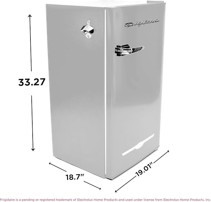 Frigidaire Retro Compact Fridge with Chiller, 3.2 cu ft Countertop Fridge with Built-In Bottle Opener, Compact Refrigerator for Office, Bedroom, Dorm Room or Cabin - 16.5"D x 19"W x 31"H (Moonbeam)