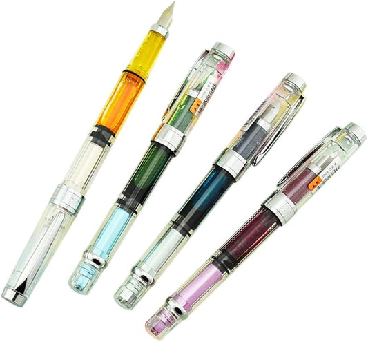 Lanxivi Yongsheng 3008 Piston Fountain Pen EF Extra Fine Nib,Transparent SilverTrim 4 Colors Set