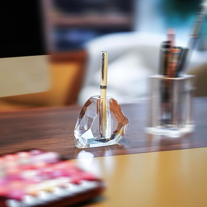 QFkris Crystal Heart Shaped Single Pen Holder for Desk, 3.5" Fancy Fountain Pen Stand, Glass Feather Pencil Holder for Office Desktop Decoration, Gift for Man Woman Students Teachers Father Boyfriend