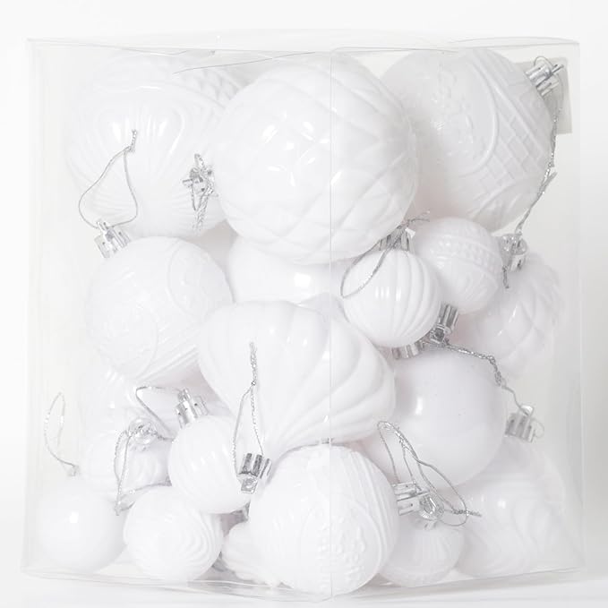 Senjie 36pcs Shatterproof Multi-Size Multi-Style White Christmas Ornaments