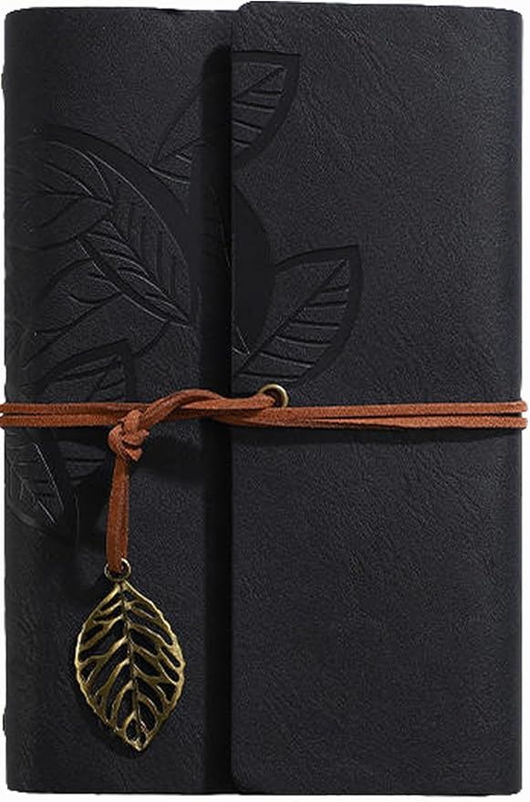 HARDCOVER JOURNAL Writing Notebook - Antique Handmade HARDCOVER Bound Daily Notepad, Vintage Leaf Series, (Leaves, Black)