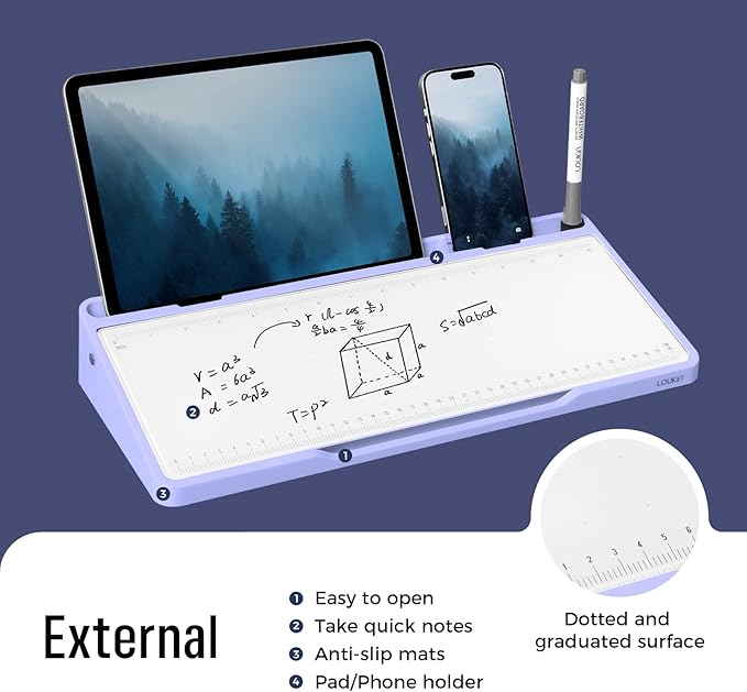 LOUKIN Glass Desktop Whiteboard, 15.3" x 5.6" Dry Erase Desk Board with Dotted and Graduated Surface, Desktop Buddy, Great for Design and Drawing, 3 Markers and 1 Dry Erase Eraser Included (Purple)