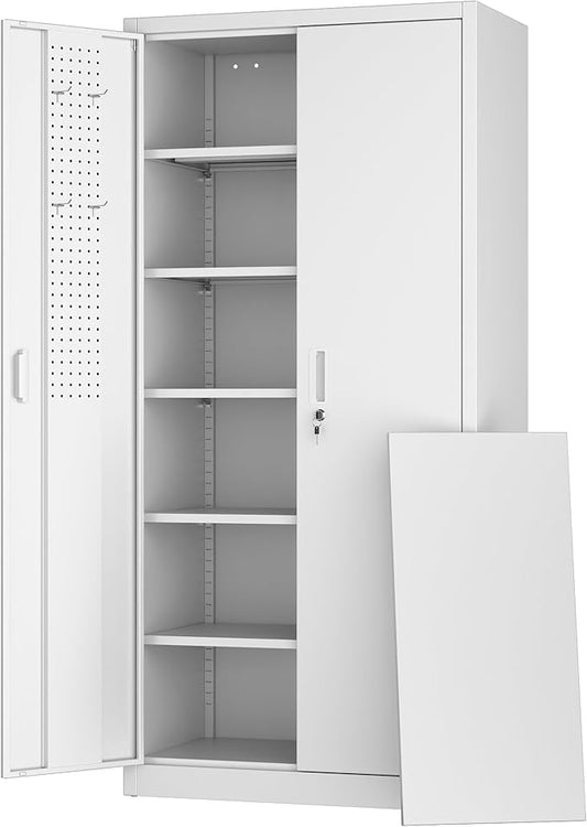 Aobabo Upgraded 71" H×34" W×18" D Metal Garage Storage Cabinet with Pegboards, Lockable Steel Cabinet with 5 Adjustable Shelves and 4 Hooks for Garage, Home, Office, White,Assembly Required