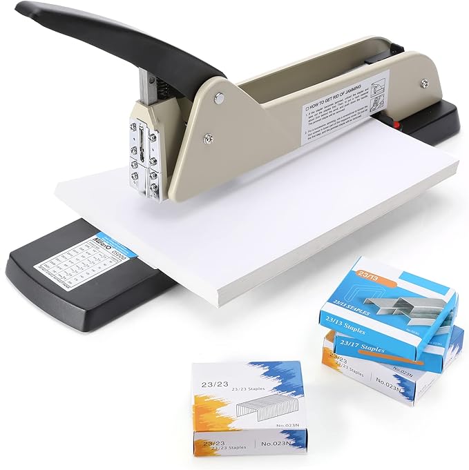 Long Reach Stapler, Heavy Duty Long Arm Stapler, 200 Sheets Capacity, 4000 Staples Gift, 9.84” Adjustable Stapling Depth Suitable for Booklets & Office Document, Fixable Paper Guide