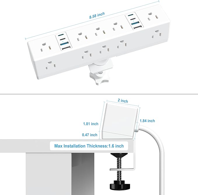 Desk Clamp Power Strip, 40W Fast Charging Station, VILONG Desktop Mount Surge Protector, 8 USB Ports(4 USB-C), 10 AC Outlets and 6Ft Cord, for Home, Office, Fit 1.6" Tabletop Edge