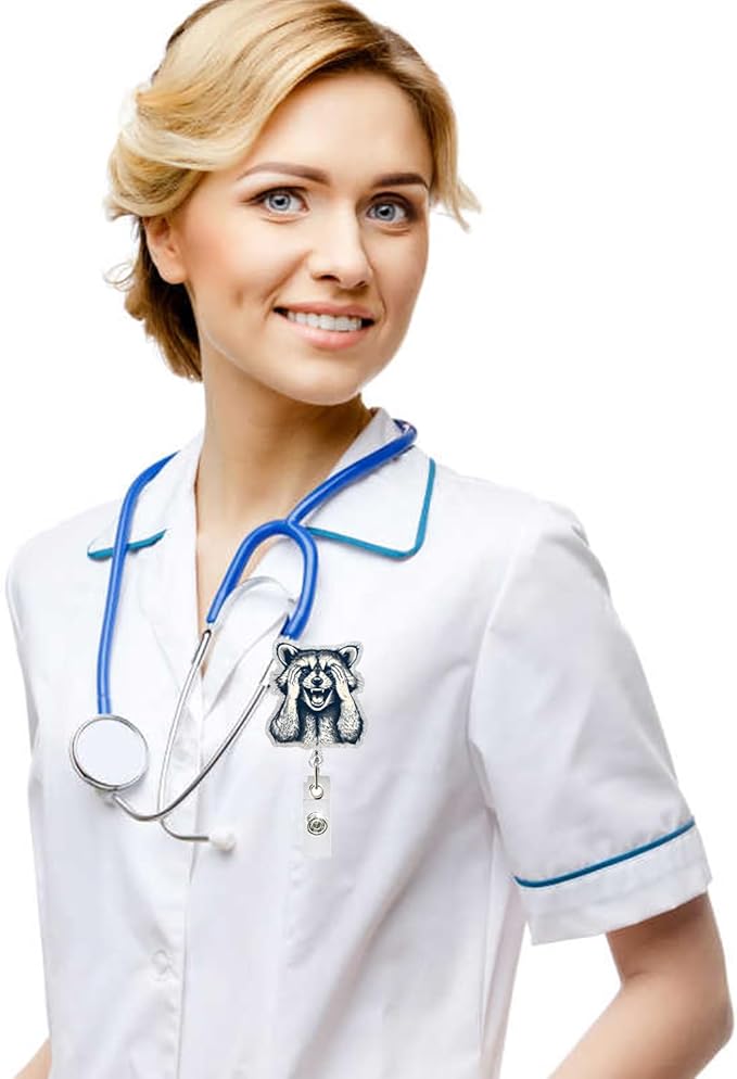 Cute Raccoon Retractable Reel Badge ID Card Clip Acrylic Badge Holder with 360°Rotation Rotundity Metal Alligator Clip Designs Nursing Name Tag for Nurse Doctor Office Worker Accessories