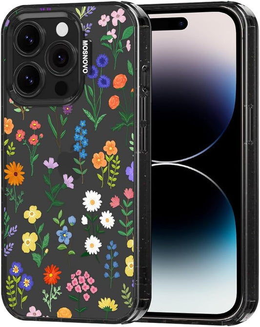 MOSNOVO Case for iPhone 14 Pro, [10ft 4X Military-Grade Drop Protection] Durable & Shockproof Phone Case Cover Design for iPhone 14 Pro - Botanical Floral - Clear Black