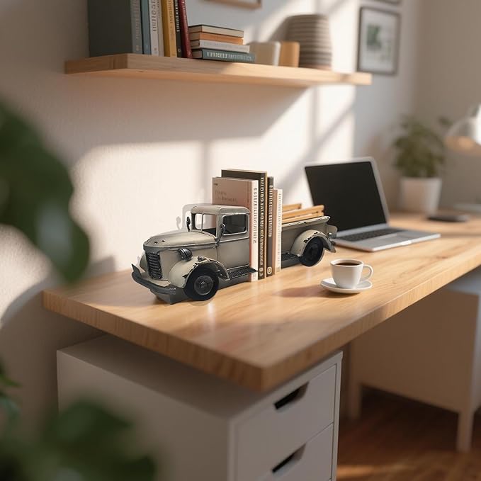 Decorative Book Ends Vintage Bookends: Metal Truck Book Stopper for Heavy Books - Farmhouse Decor for Shelf Table Coffee Bar Office Home - Gift for Adults Men Teen (Vintage White)