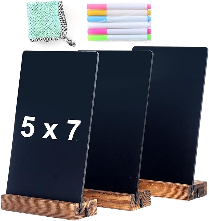 NEWNEWSHOW 3Pack 5.1x7.9 in Blackboard Sign Double Sided with Wood Base Message Chalkboard Erasable Message Board Sign with Wood Base for Shop Wedding Kitchen Home Party Decoration