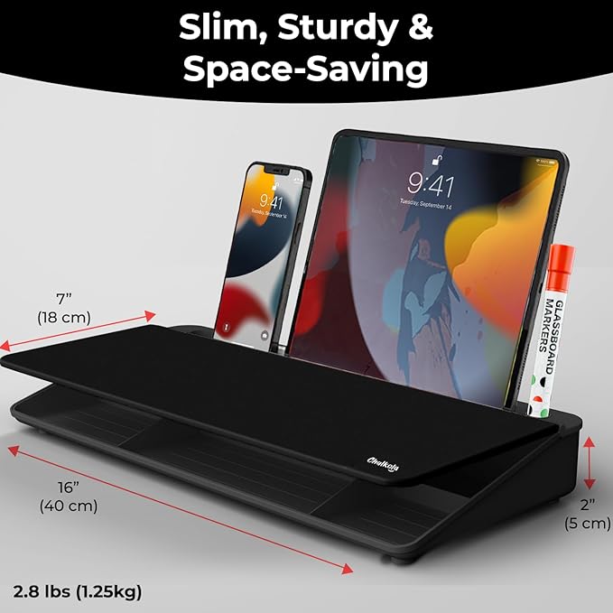 Chalkola Black Glass Desktop Whiteboard with Storage - Dry Erase Board, Work Desk Organizers, Computer Keyboard Stand, Home Office Desk Accessories, Workspace Desktop Buddy + 3 Markers