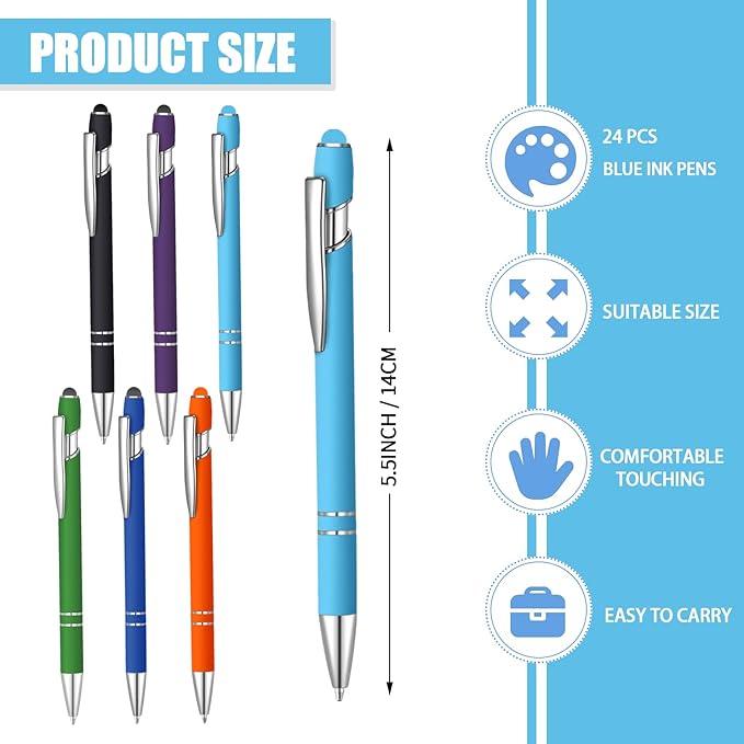 24 Pcs Blue Ink Ballpoint Pen with Stylus Tip 2 in 1 Ballpoint Pen 1.0 mm Blue Ink Metal Stylus Pen for Touch Screens Coworkers, Family, Colleagues, Office (Multicolor)