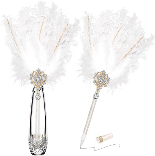 CROWN GUIDE Luxury Feather Quill Pen with Shiny Rhinestones & Curled Goose Feathers- Wedding Guest Book Pen, Great Gatsby/HP Party Supplies, Bridal Shower Gift with Rose Gold Heart Charm (13.8",Pink)