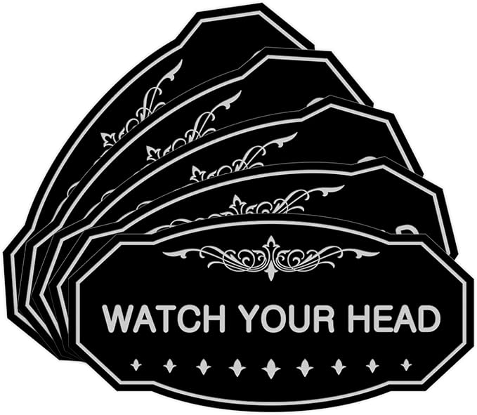 Signs ByLITA Victorian Watch Your Head Sign (Black/Silver) - Small 5 Pack