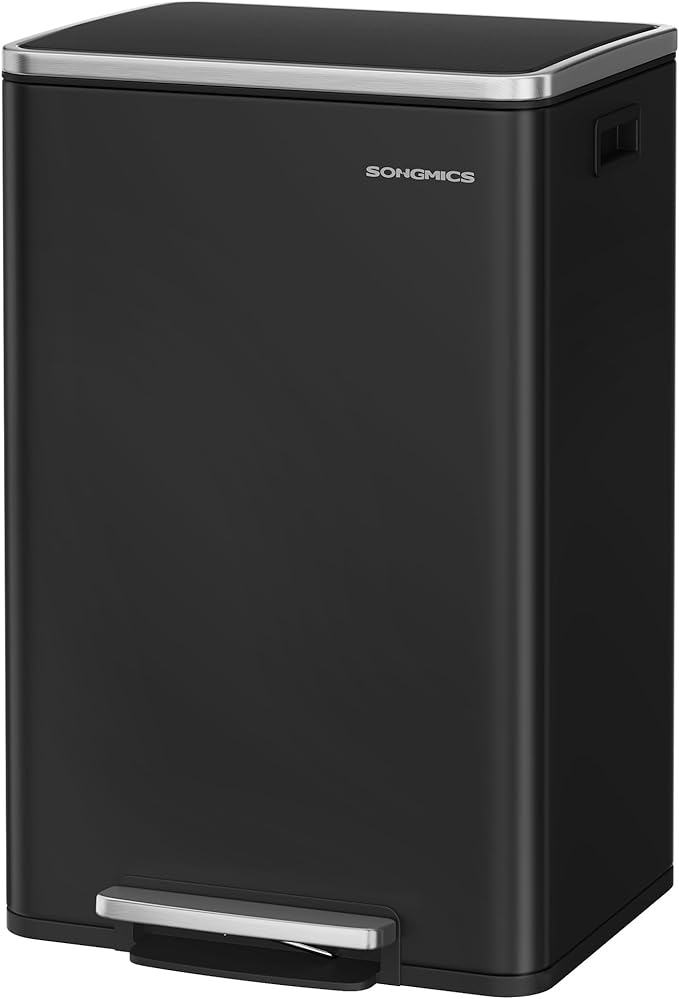 SONGMICS Trash Can, 13-Gallon Gabbage Can, with 15 Trash Bags, Steel, with Soft-Close Lid, Removable Inner Bucket, Handles, Ink Black ULTB595B01V1