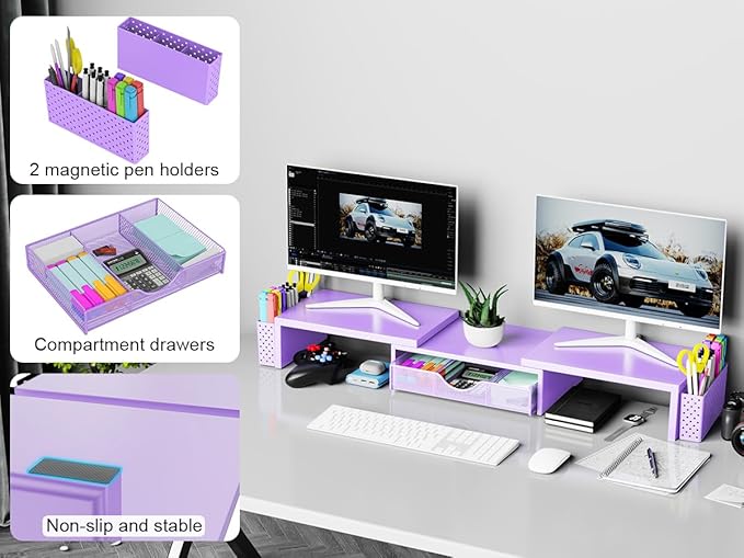 Spacrea Metal Desk Organizers and Accessories, Dual Monitor Stand Riser with Drawer and 2 Pen Holders, Desk Accessories & Workspace Desktop Organizers for Office Supplies (Purple)