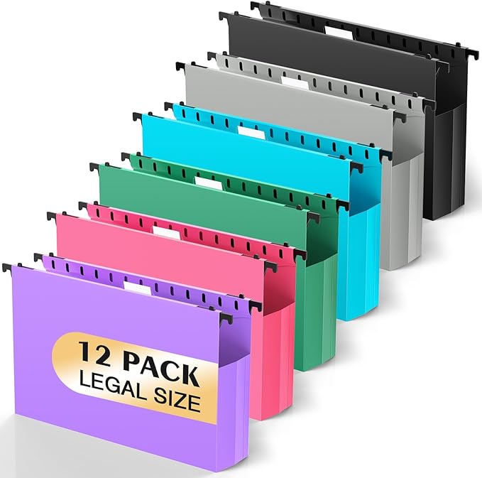 Extra Capacity Legal Size Hanging File Folders,12 Pack Reinforced Plastic Hanging Folder, Heavy Duty 2 Inch Expansion, Filing Cabinet Folders for Bulky Files, Medical Charts, Colorful