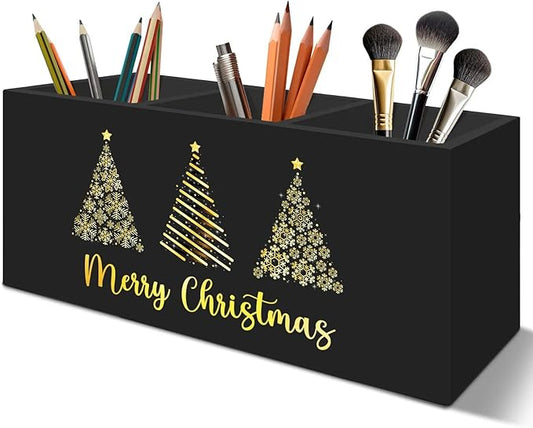Black and Gold Christmas Tree Pen Pencil Holder Organizer for Desk Accessories, Christmas Office Decor, Golden Snowflake Xmas Tree Wooden Box Signs Decorations for Home Office Desk Tabletop