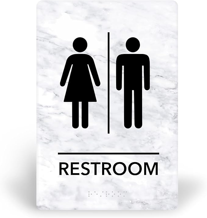 Promot Unisex Bathroom Sign – ADA Braille Restroom Sign for Business, Self-Adhesive, 9" x 6", Commercial Door Signage, Office Wall Decor - Marble White
