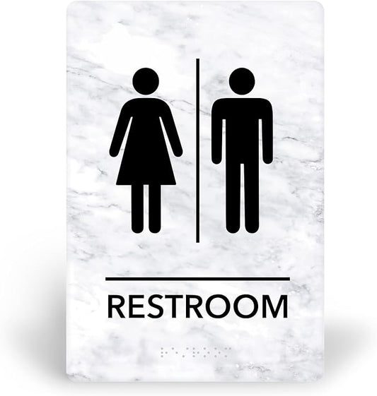 Promot Unisex Bathroom Sign – ADA Braille Restroom Sign for Business, Self-Adhesive, 9" x 6", Commercial Door Signage, Office Wall Decor - Marble White
