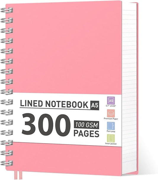 AHGXG Spiral Notebook - A5 Notebook College Ruled, Small 5.7" X 8.22", 300 Pages/150 Sheets Thick Notebook Journal, 100GSM Lined Paper, Plastic Hardcover, for Work Office School Writing Notes, Pink