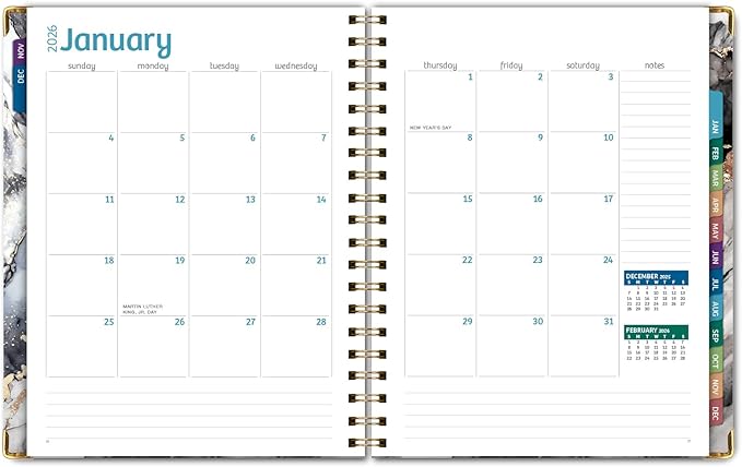 HARDCOVER 2026 Planner, 8.5"x11": 14 Months (November 2025 - December 2026), Daily Weekly Monthly Planner, Yearly Agenda, Bookmark, Pocket Folder and Sticky Note Set (Black Gold Marble)