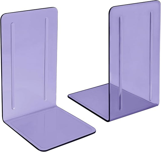 Acrimet Bookends 1 Pair, Clear Plastic Bookends for Shelves or Desktop, Book Holder for Home, Office, Library, School (Clear Purple Color)